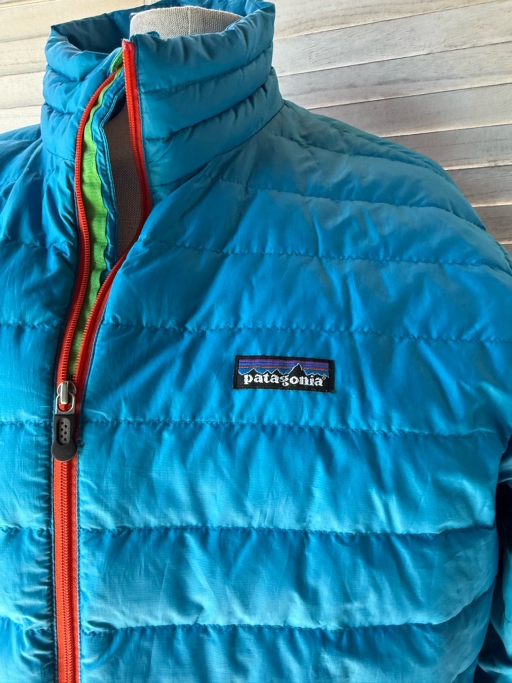 Patagonia Men's Down Sweater Blue Orange Zip Puffer Jacket Medium - Picture 2 of 7